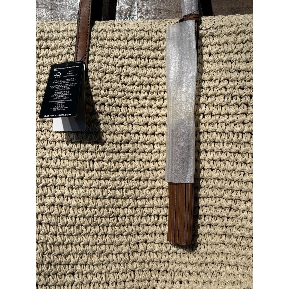 NWT Lauren RALPH LAUREN Crochet-Straw Medium Whitney Tote Natural/Lauren Tan - Picture 12 of 16